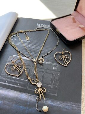 Juicy Couture Gold and Silver Heart Bow Necklace & Earrings Set - Women Jewelry